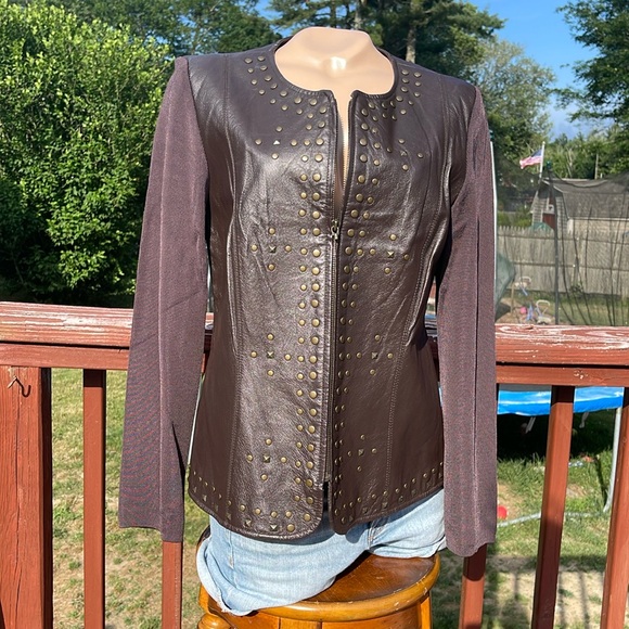 PETER NYGARD Size Med Brown Leather Zip Jacket w/ Embellishment -Blazer-Studded - Picture 1 of 8